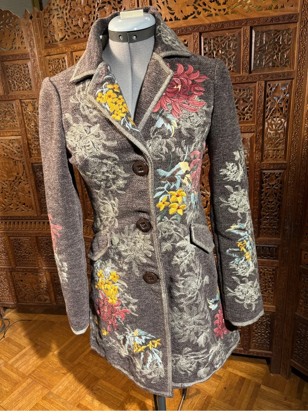 paparazzi Gray Floral Teddy Jacket with Pink & Yellow Embroidery